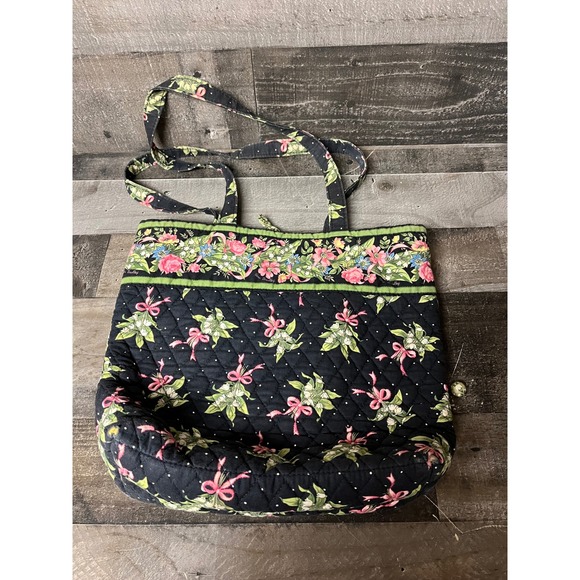 Vera Bradley Handbags - VTG Vera Bradley Quilted Tote Bag Floral Pink Bows Lily of the Valley Black